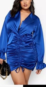 Boohoo Plus Size Sexy Royal Blue Ruched Shirt Dress